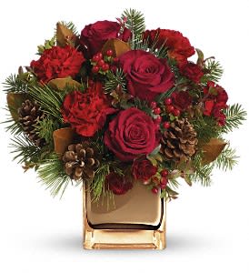 Warm Tidings Bouquet by Teleflora - Wish them warm tidings! Red roses and carnations are arranged in our warm bronze mirrored cube.  Red roses, carnations, miniature carnations and hypericum are accented with assorted holiday greens. Delivered in Teleflora's bronze mirrored cube.  Approximately 13" W x 12 1/2" H  Orientation: One-Sided  As Shown : TWR06-2A Deluxe : TWR06-2B Premium : TWR06-2C