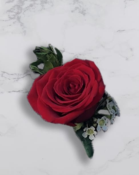 Red rose boutonniere with small blue-white accent flowers