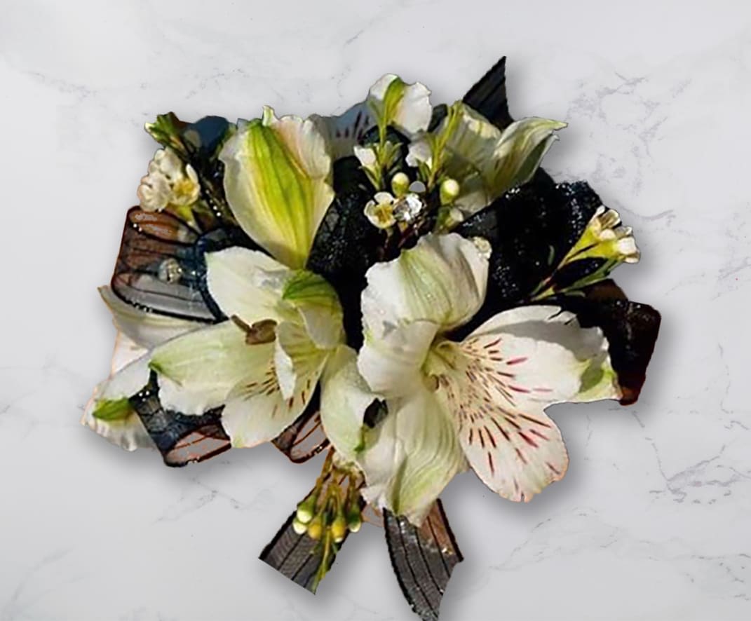 White and pale green flower bouquet with dark ribbon accents