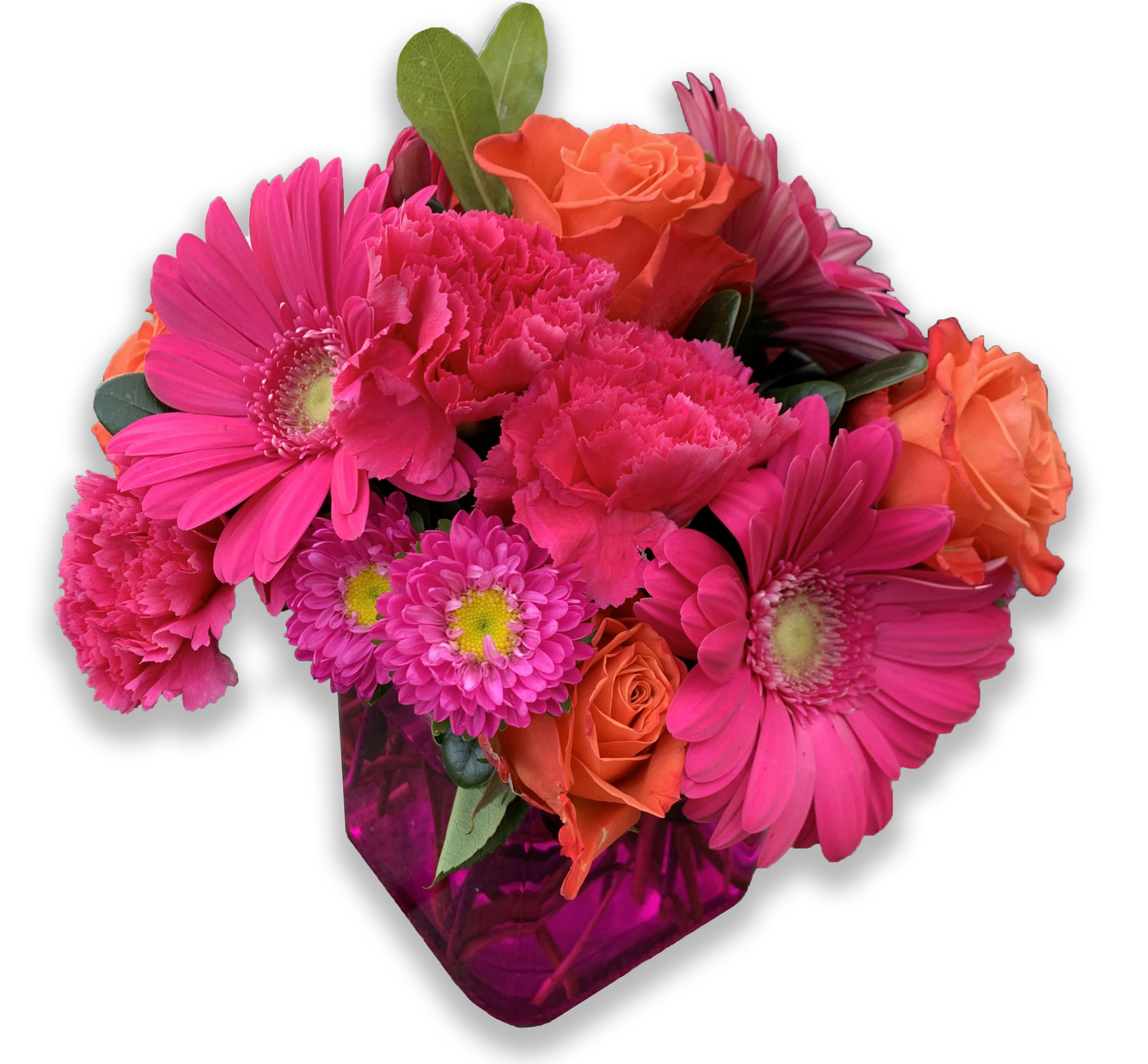 Teleflora's Turn Up The Pink Bouquet - Turn up the heat with this hot pink, haute couture creation! Super chic and oh-so-fun in its fuchsia Cube vase, this girly mix of gerberas and roses is sure to warm her heart.  This brilliant bouquet of lush orange roses, hot pink gerberas, carnations and matsumoto asters are accented with bupleurum and variegated pittosporum. Delivered in a glass Cube.  Approximately 11" W x 11" H  Orientation: One-Sided  As Shown : TEV33-1A Deluxe : TEV33-1B Premium : TEV33-1C 