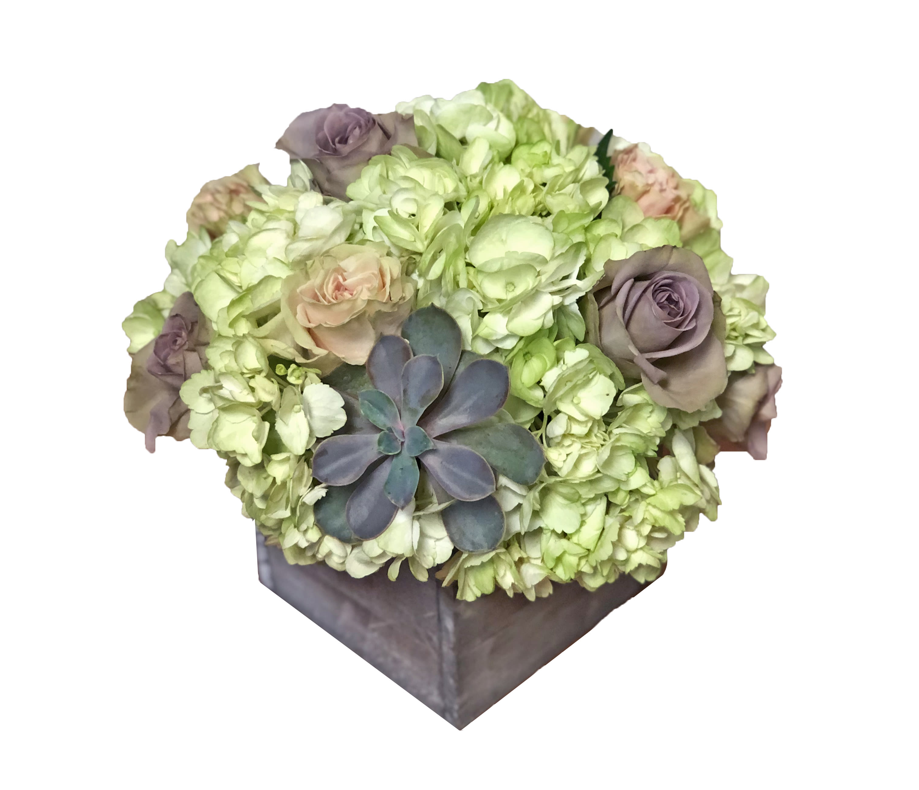 Vintage Garden by BloomNation™ - This vintage style arrangement contains roses, hydrangea, and a succulent. It is the perfect gift for a birthday or just because.