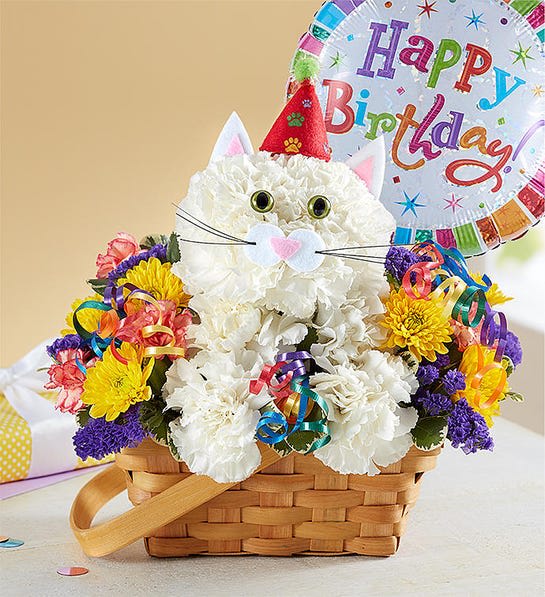 Cat-shaped flower basket with a birthday balloon