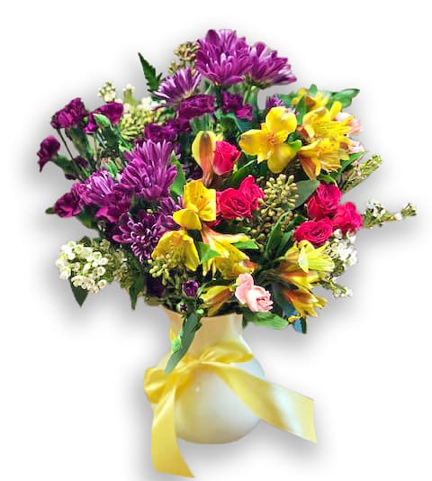 Teleflora's Color It Happy  - Whichever season of the year, this charming bouquet is like a breath of spring. A gorgeous multicolored bouquet in a yellow vase tied with a yellow ribbon - couldn't be springier! 