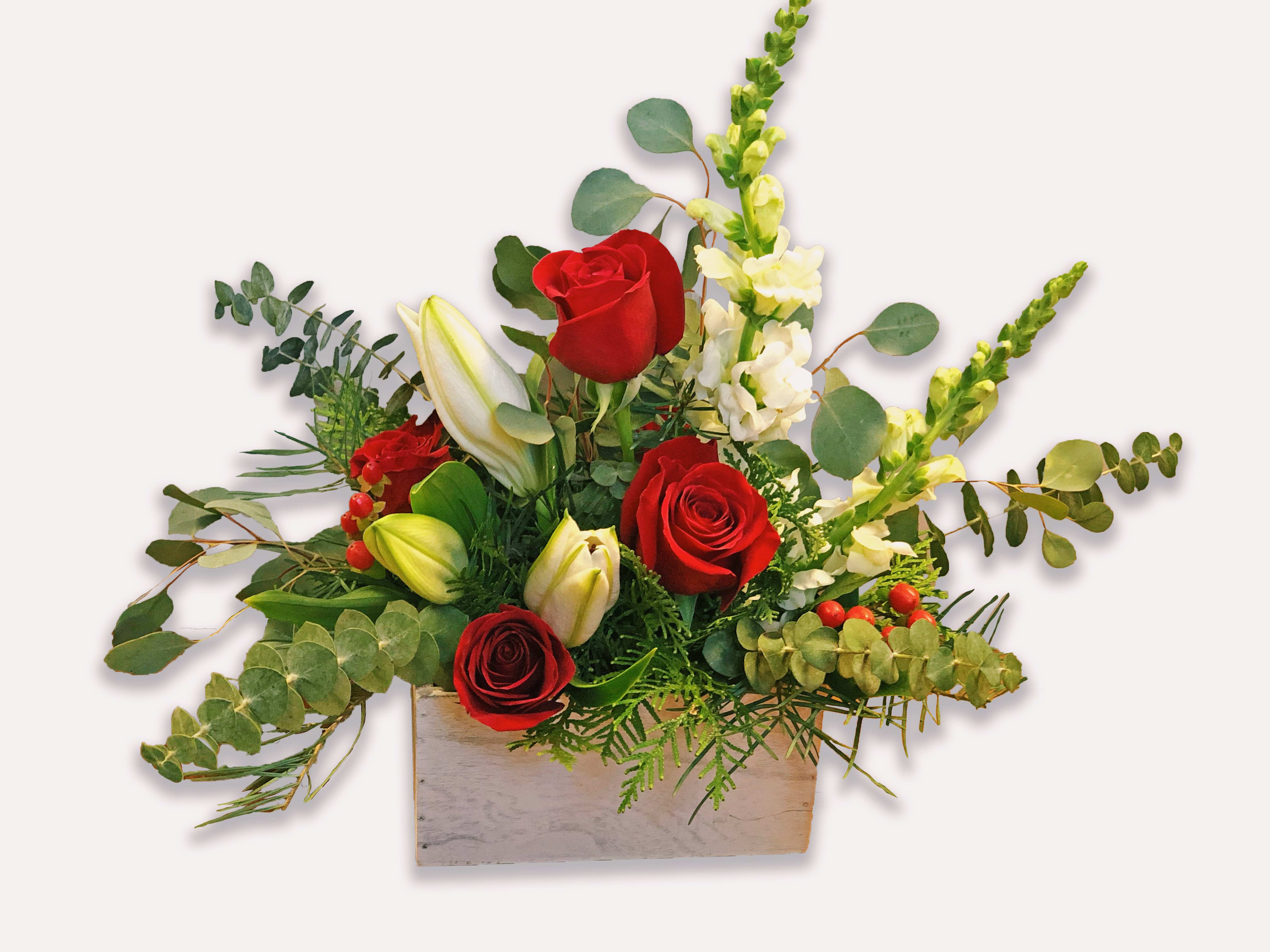Winter Frost - What are the holidays without a touch of sparkle? This dazzling holiday arrangement arrives in a silvery bowl, bearing a mix of fresh flowers, red berries and silver-glittered branches. A gala holiday decoration, guaranteed to bring a twinkle to someone's eye.  Red roses, white Asiatic lilies and snapdragons accented with noble fir, ming fern, salal, flat cedar, incense cedar and decorated with faux red berries – plus silver-glittered branches and faux eucalyptus – is delivered in a silvery centerpiece bowl.  Approximately 20" (W) x 20" (H)  Orientation: All-Around  As Shown : TF-WEB98