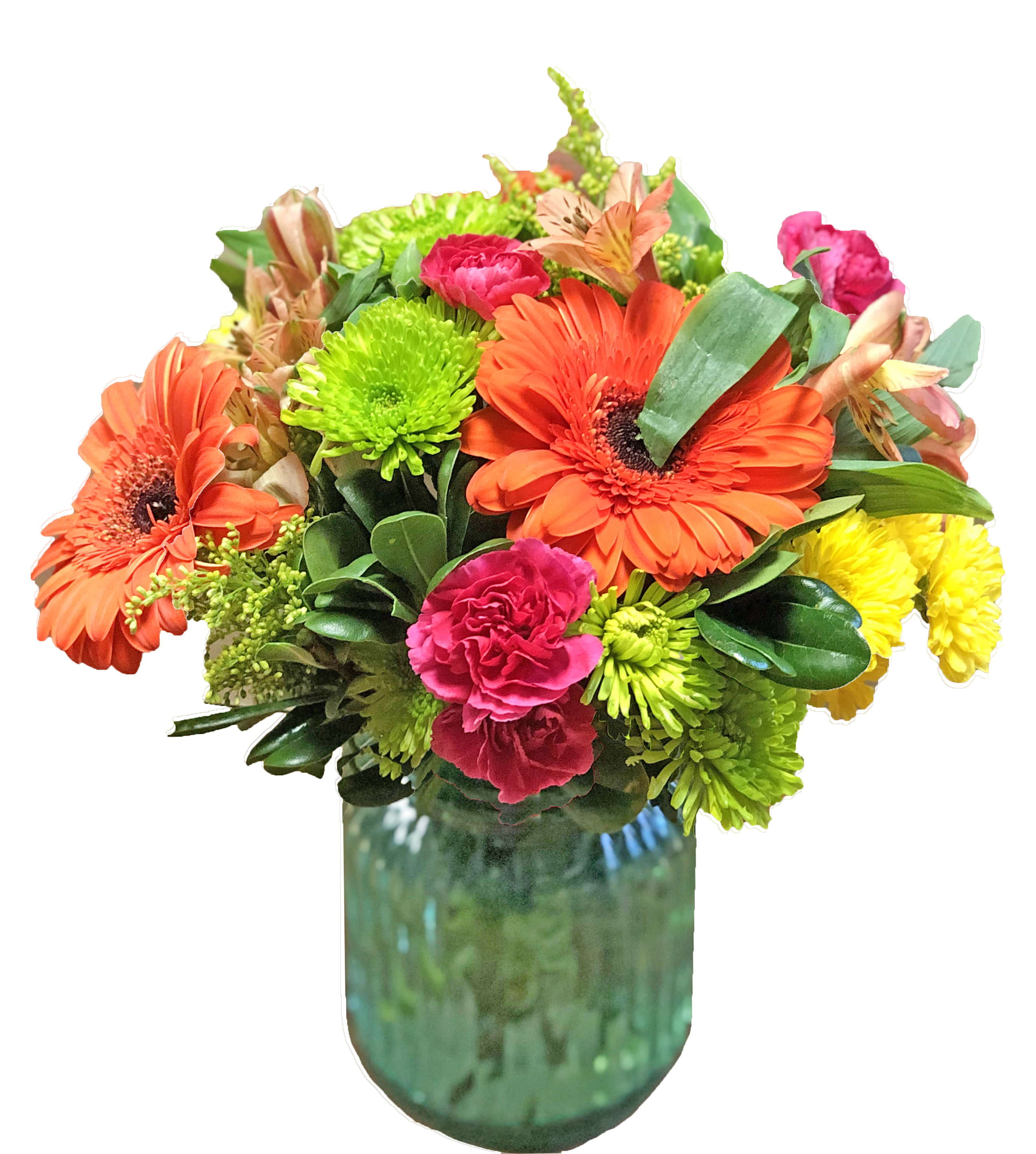 FTD Because You're Special - Pick a day - any day - to tell someone how special they are to you. Send  them this exuberant, brightly colored bouquet of orange Gerbera  daisies, yellow poms, hot pink mini carnations and vivid green button  poms in a sleek, beaded green glass vase. Guaranteed to bring a smile!  11h x 10w 