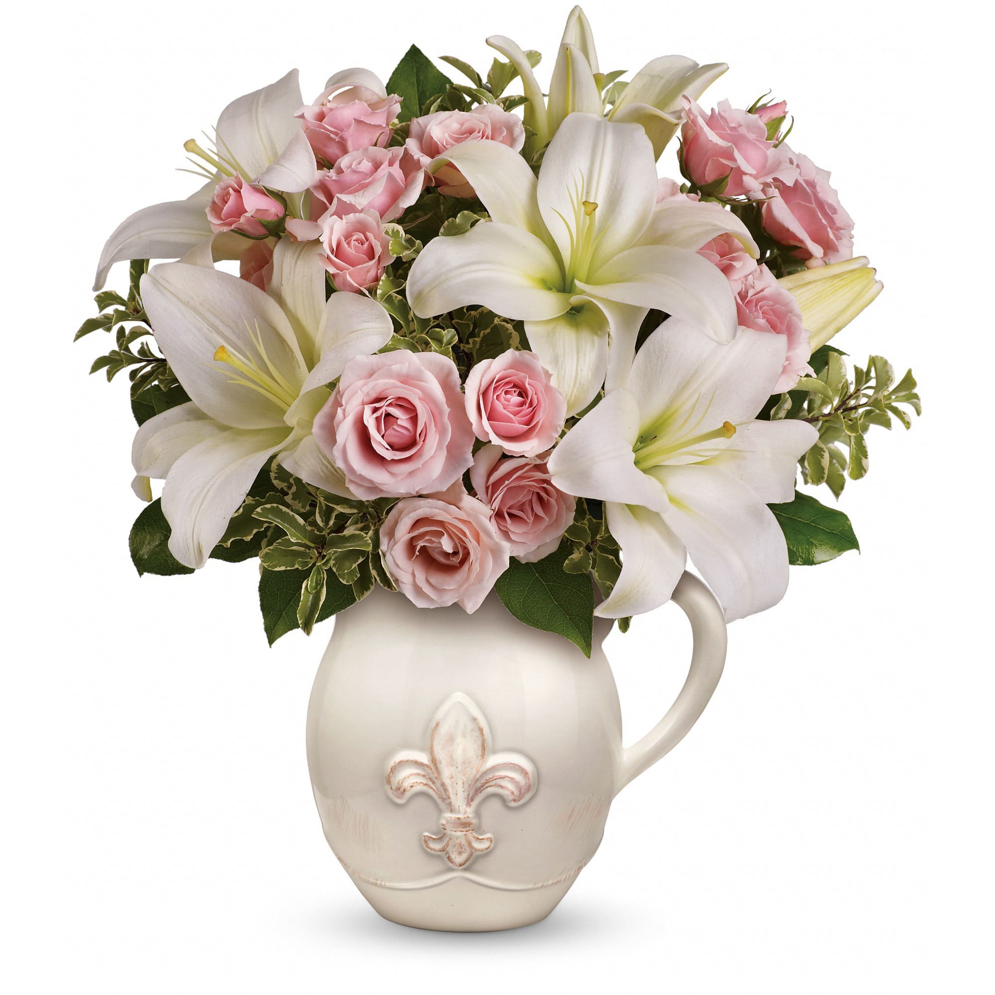 Teleflora's Fleur-de-Love Bouquet - Capture the grace of Grandparents Day. Charming pink roses and fresh white asiatic lilies are nestled in our classic Fleur-de-Love Pitcher. A fleur-de-lis motif gives a classic flair to this pitcher - the newest addition to our French Country Collection.  Container is discontinued, we will sub in a similar container 