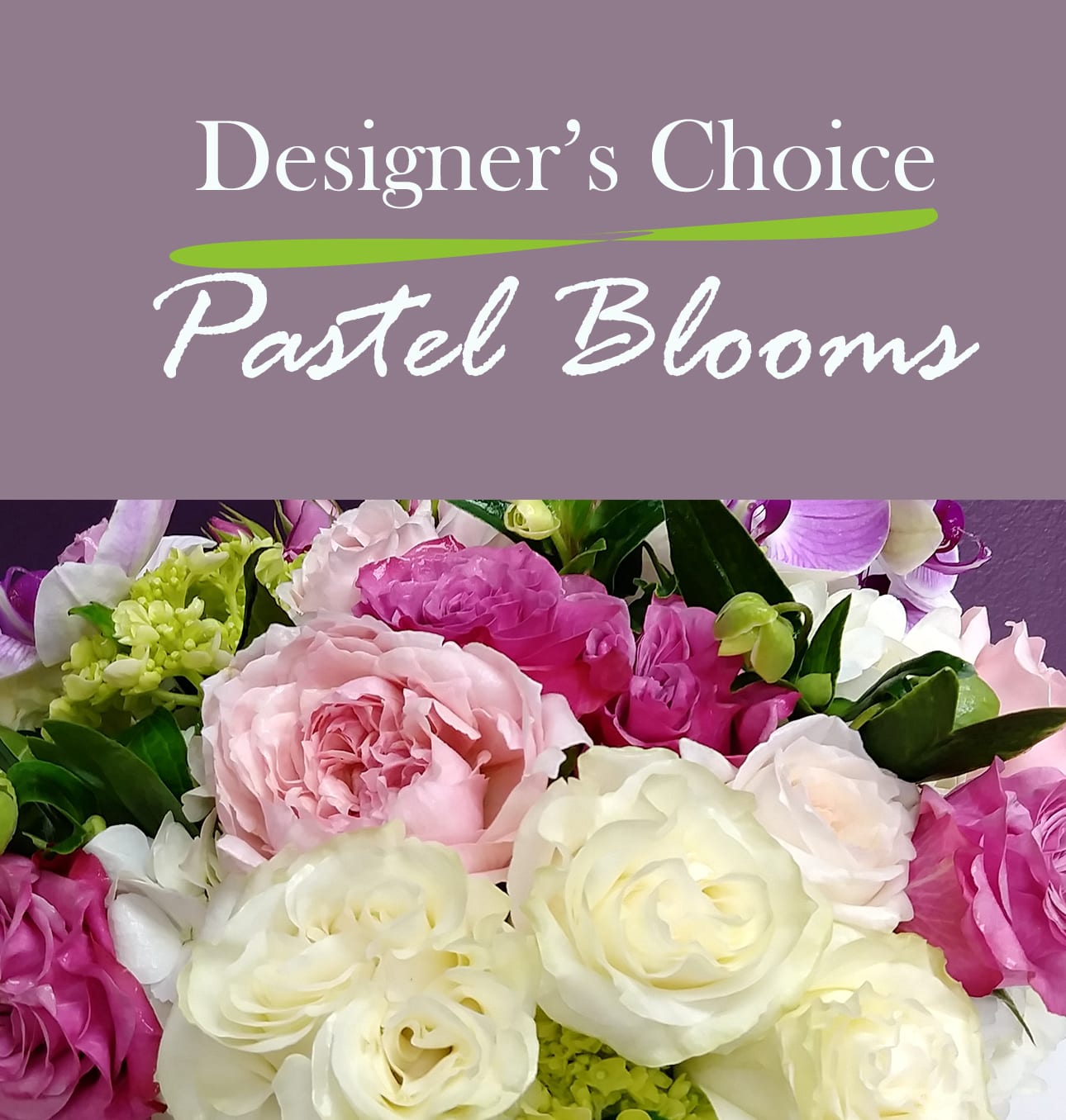 Pastel bouquet of pink, white, and purple roses