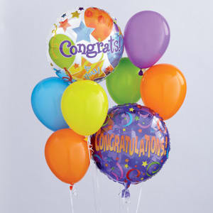 Colorful congratulatory balloons with two printed message balloons