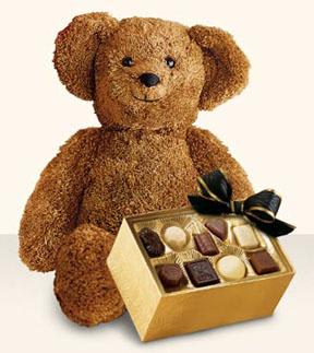 Brown teddy bear holding a box of assorted chocolates