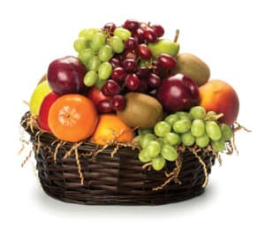 Fruit basket with grapes, apples, pears, oranges, and kiwi