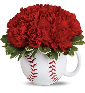 Red carnations arranged in a baseball mug