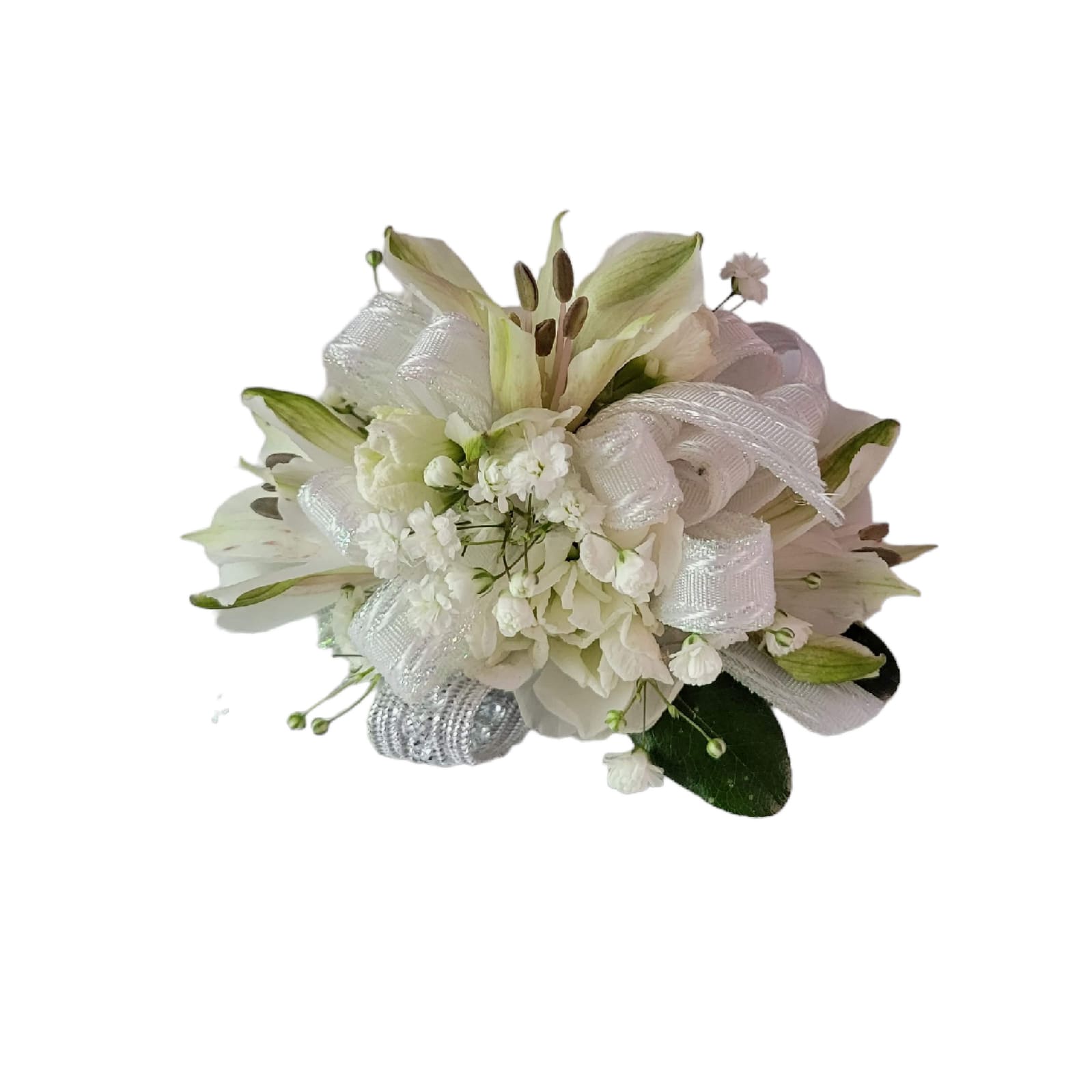 White floral bouquet with ribbon accents