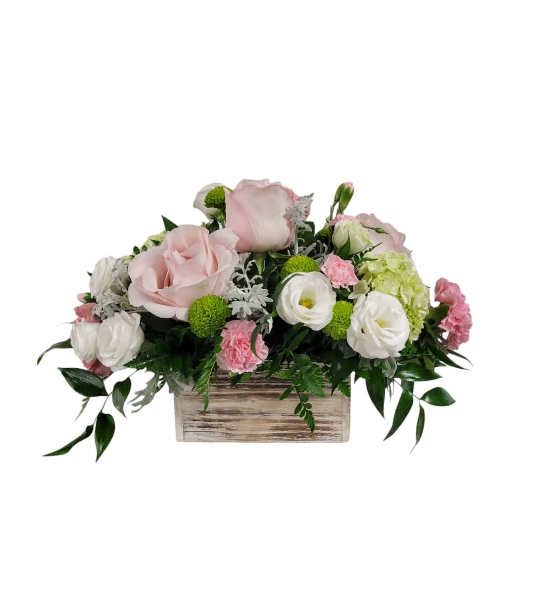 Pink and white floral arrangement in a wooden box