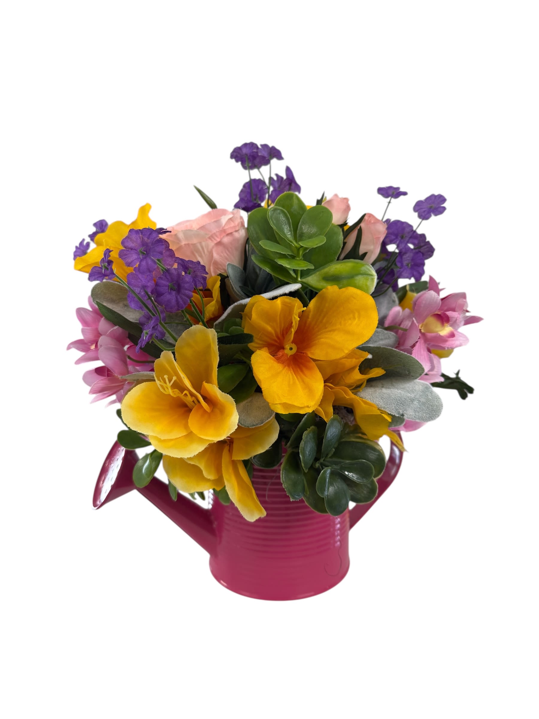 Bright mixed bouquet in a pink watering can