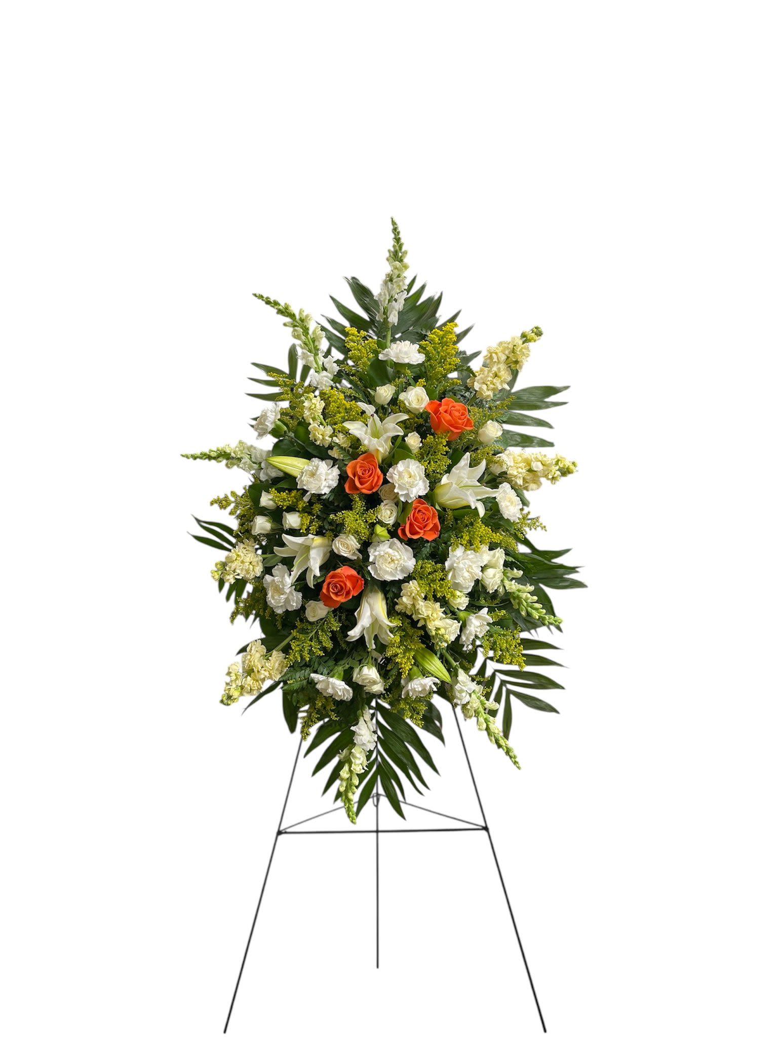 Standing floral spray with white lilies, orange roses, and white blooms