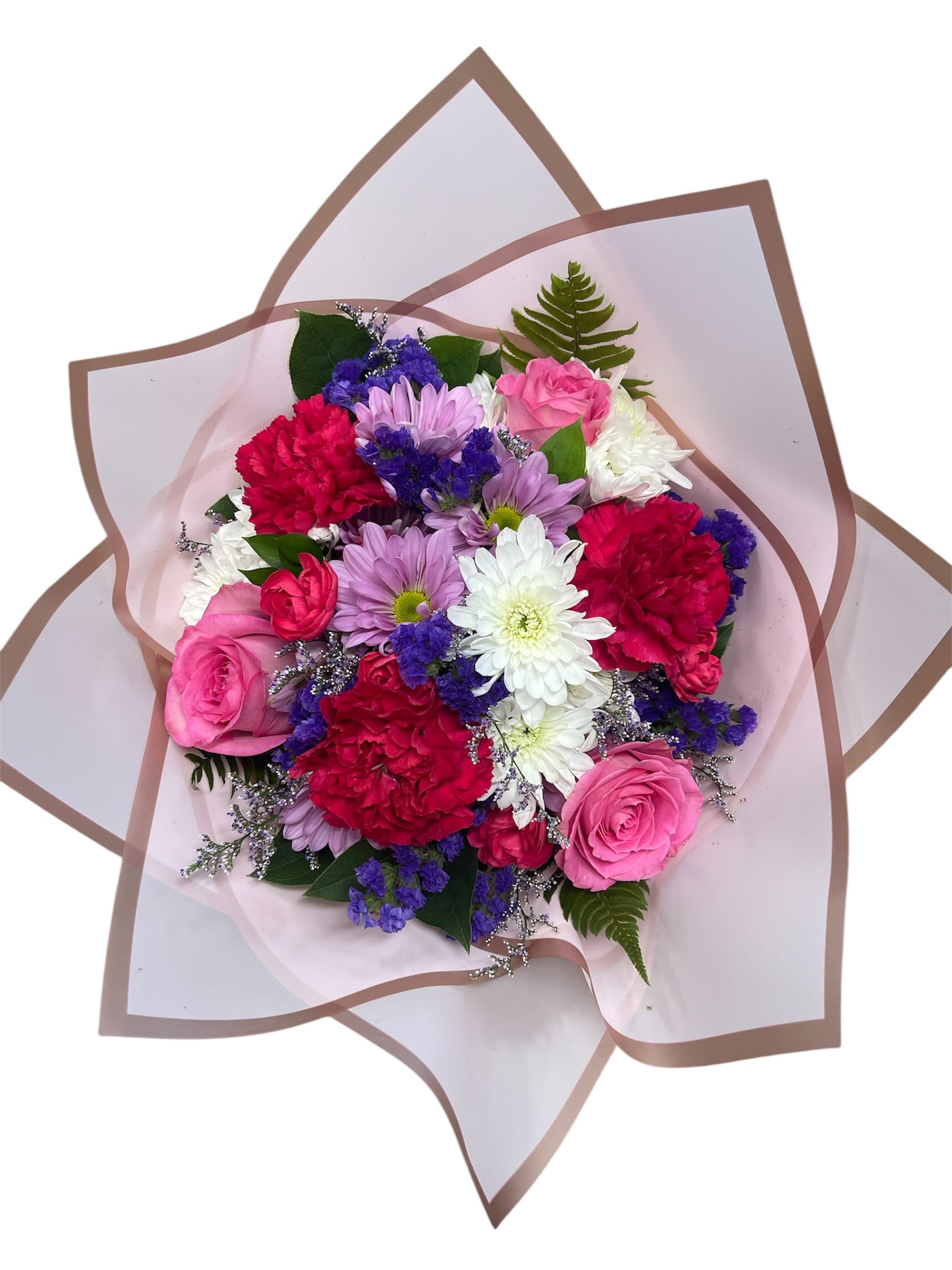 Mixed bouquet of pink, white, red, and purple flowers wrapped in pale paper