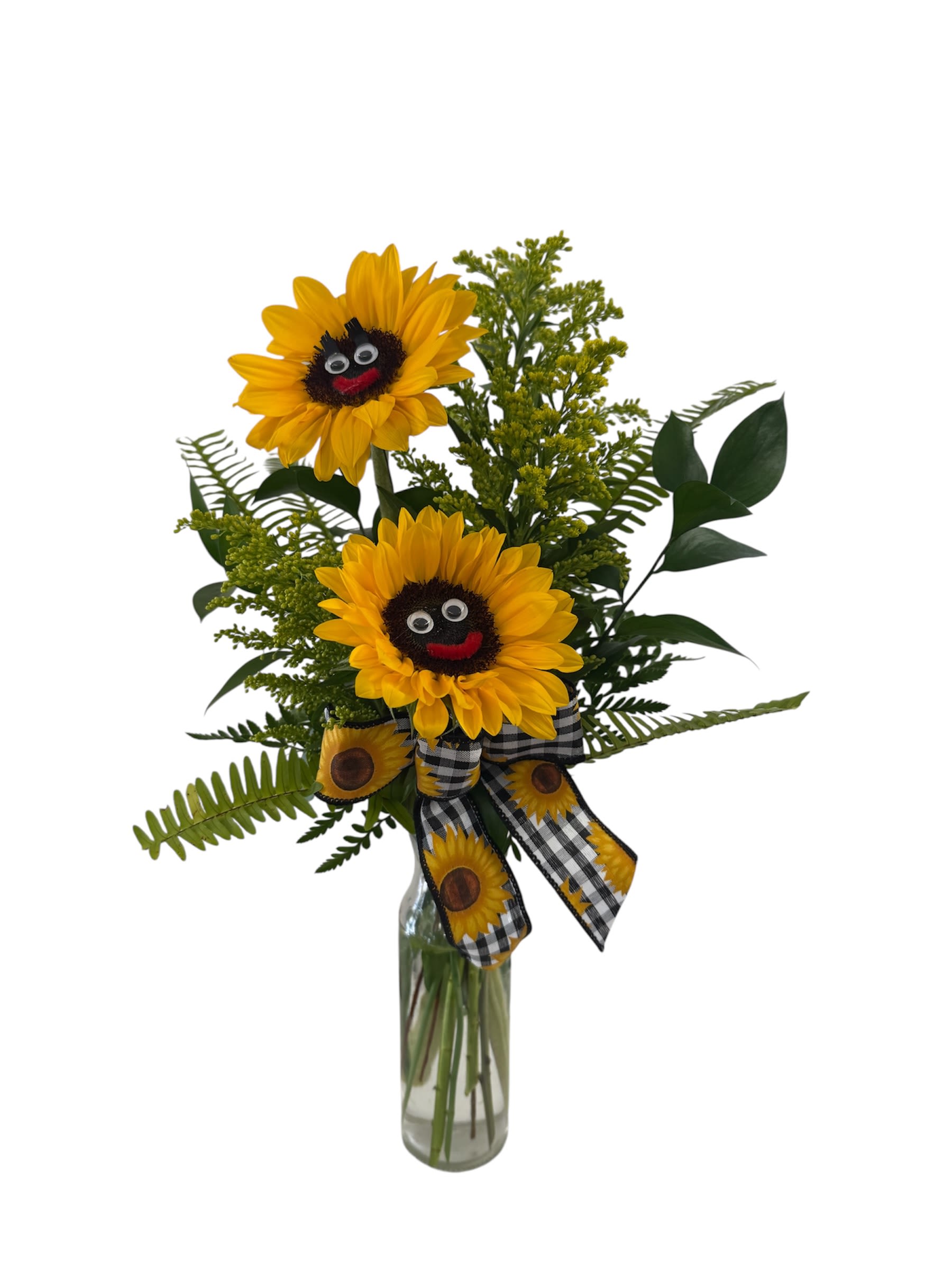 Tall sunflower arrangement with smiling faces in a clear glass bottle with a checked sunflower bow.