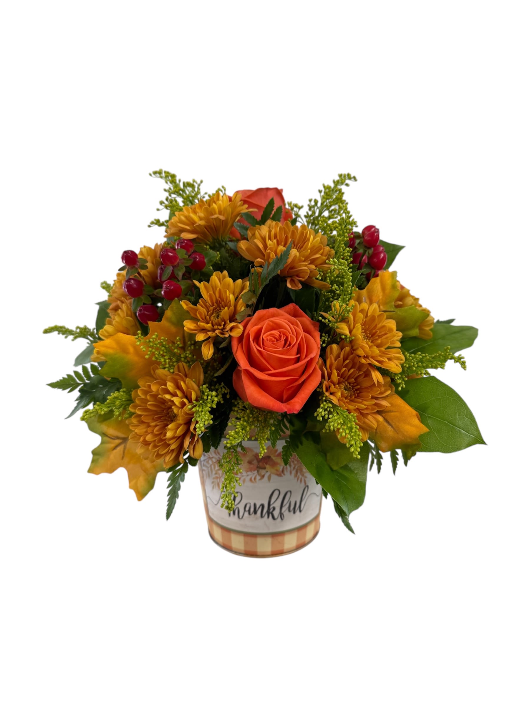 THANKFUL - This is a lovely, compact floral arrangement with warm, autumnal theme. It features a mix of texture and color, centered around vibrant orange roses. 