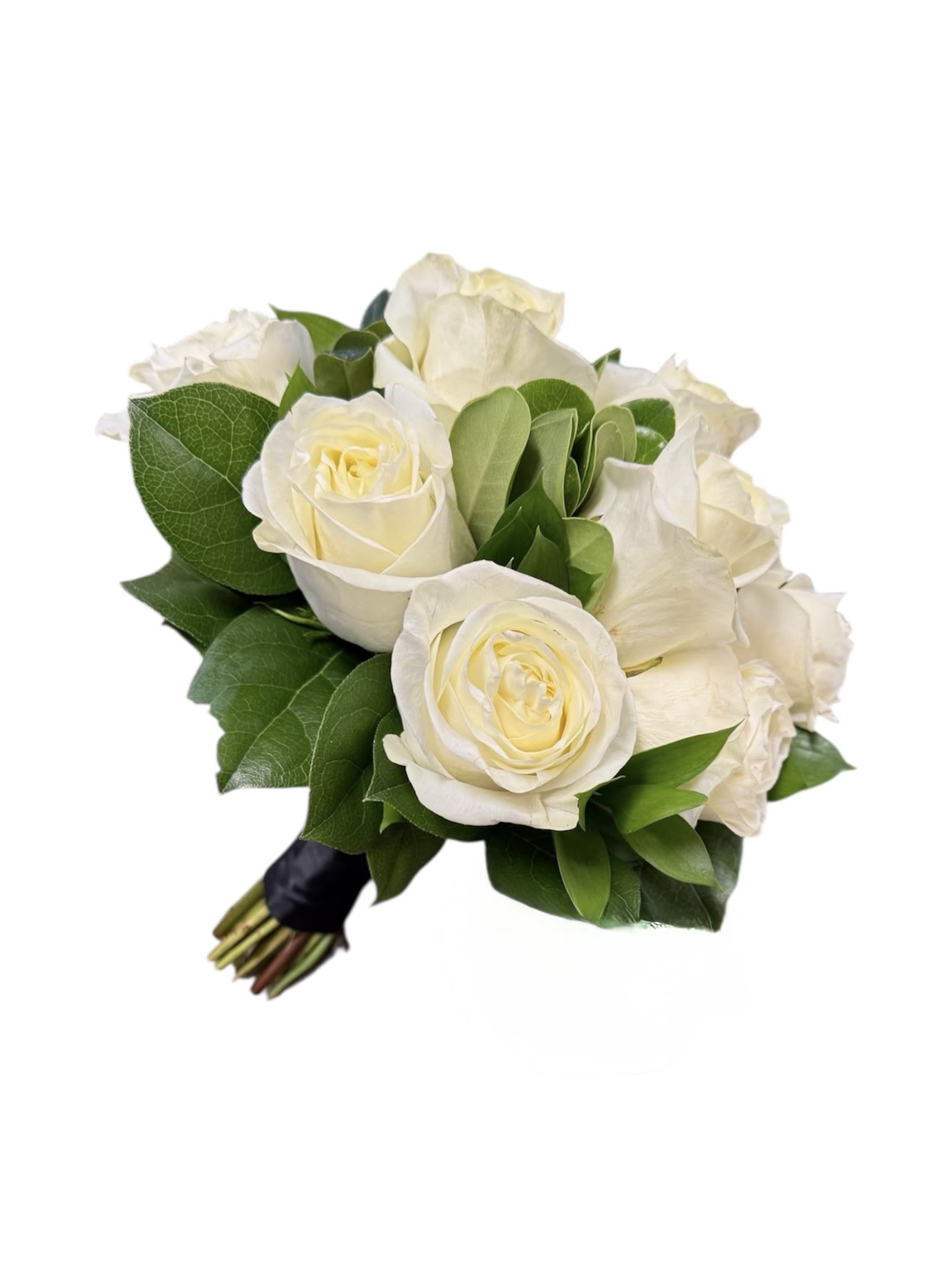White Rose Handtied - All white rose handtied bouquet with greenery intermixed and a 3/4 stem wrap in black. Wrap color can be changed just specify in special instructions what color you would like.