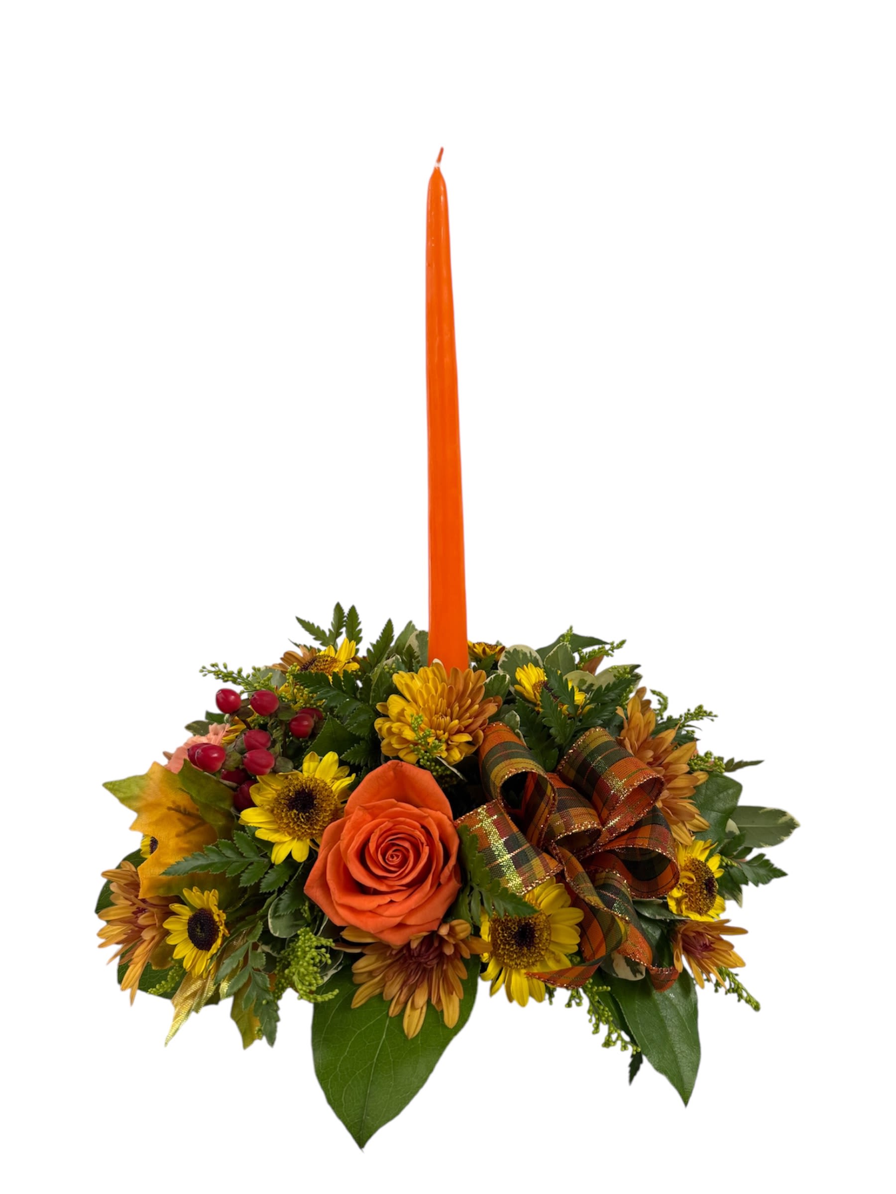 Harvest Glow Centerpiece - This classic centerpiece featuring a single orange candle surrounded by seasonal flowers 