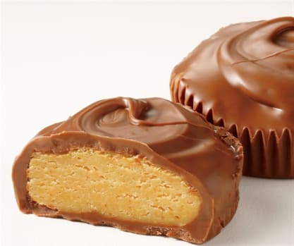 Chocolate-covered peanut butter candy pieces on a white background
