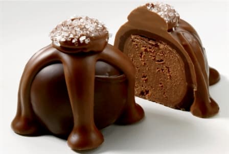 Two chocolate truffle desserts with caramel-like drips and sugar topping