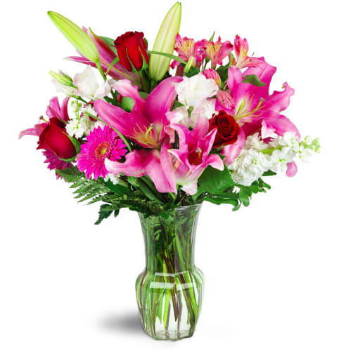 Lillies, Lillies, Lillies, and roses - Mix of Alstroemeria lilies, Pink Lillies, and roses