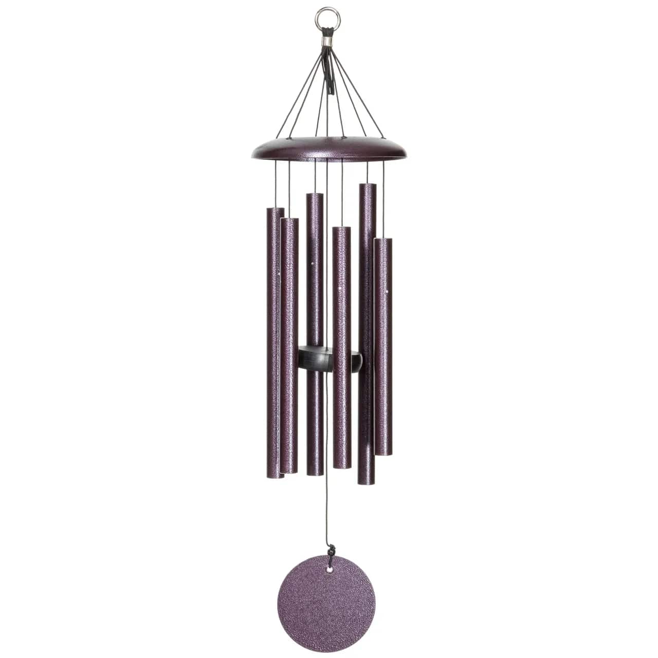 Corinthian Bells Wind Chime 27" - Plum - Experience the elegant sound of the sleek and sophisticated Corinthian Bells® windchimes from Wind River. Each chime is inspired by nature and precision-tuned for beautiful harmony. Made with quality materials, these durable and sustainable chimes offer rich tones and stylish design—a perfect gift for sending condolences. Each includes a bow and can be delivered to a funeral chapel (often hung for display) or to a home (boxed). 
