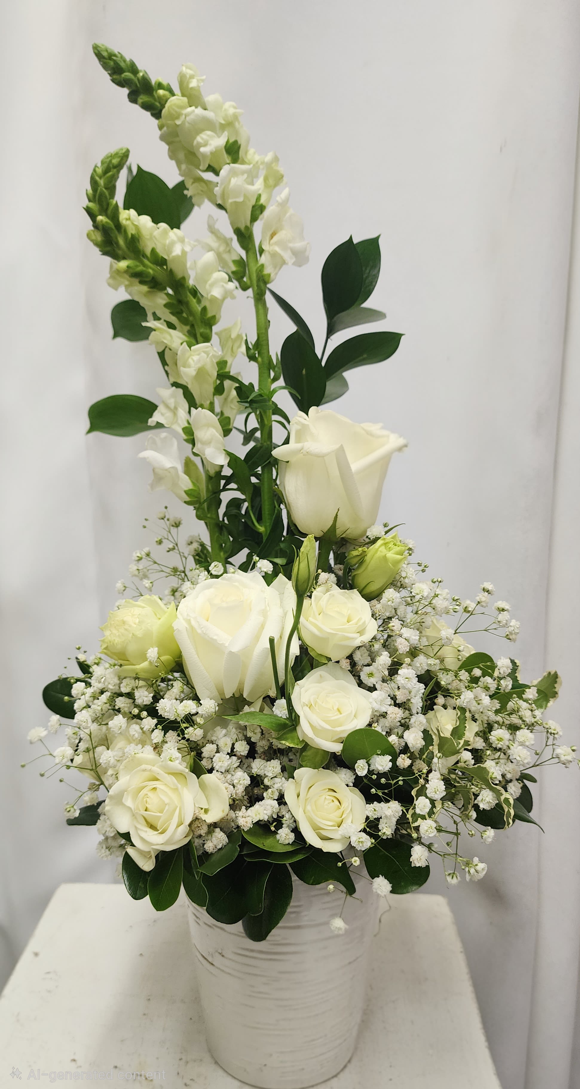 Cherished Memory - A graceful arrangement in all white. Includes roses, spray roses, snapdragons and babies breath with unique greenery. Container is a keepsake made of Tennessee Clay and styled to look like birch. A heartfelt expression for any occasion – offering comfort, peace and remembrance with simple sophistication. Can be done in a mix of other colors as well.