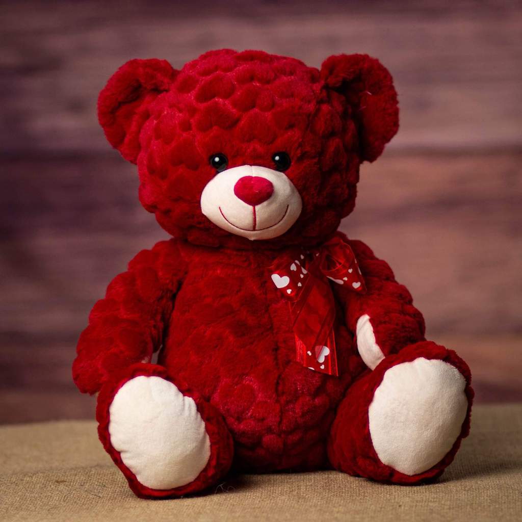 Red teddy bear with a heart-pattern ribbon