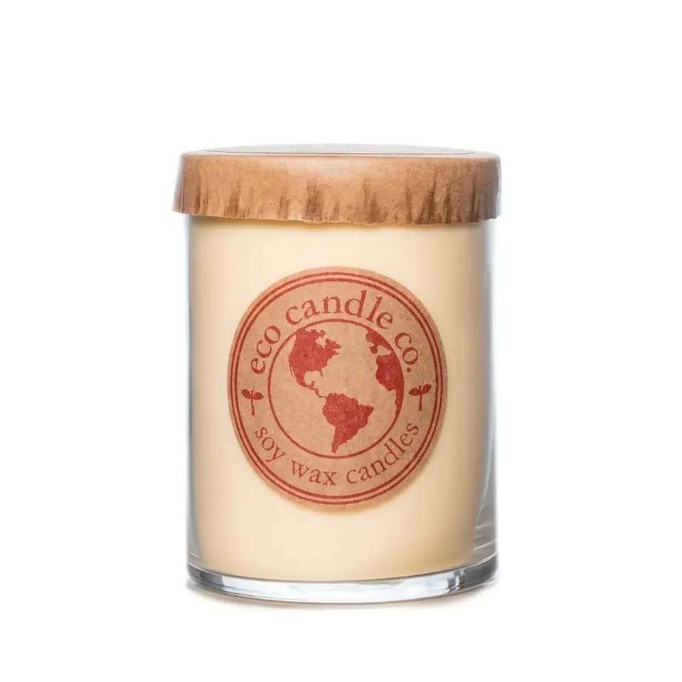 Soy wax candle in a glass jar with a wooden lid
