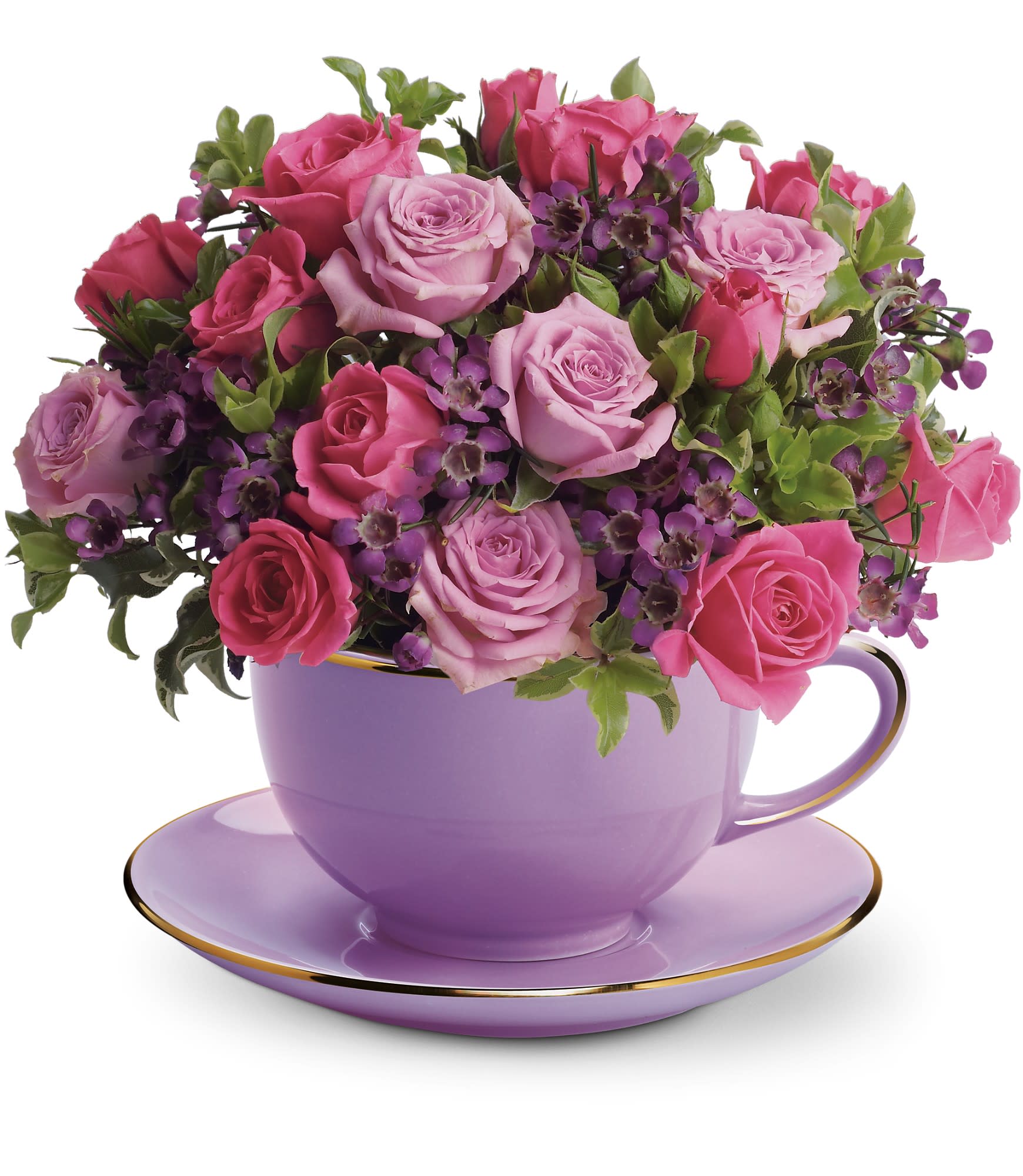 Pink and lavender roses with purple accent flowers arranged in a lavender teacup and saucer