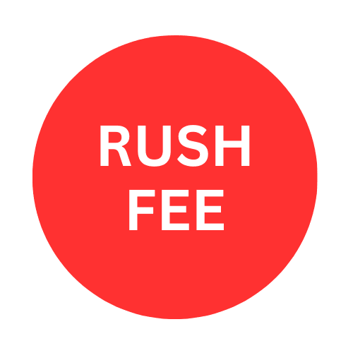 Red circular graphic with the words RUSH FEE in white capital letters