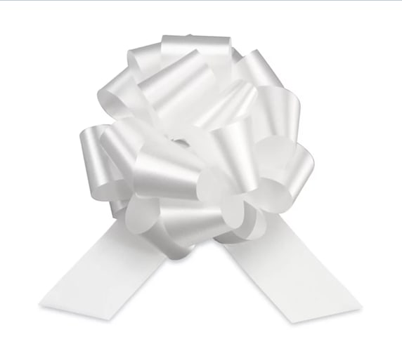 White satin gift bow with long ribbon tails on a plain white background