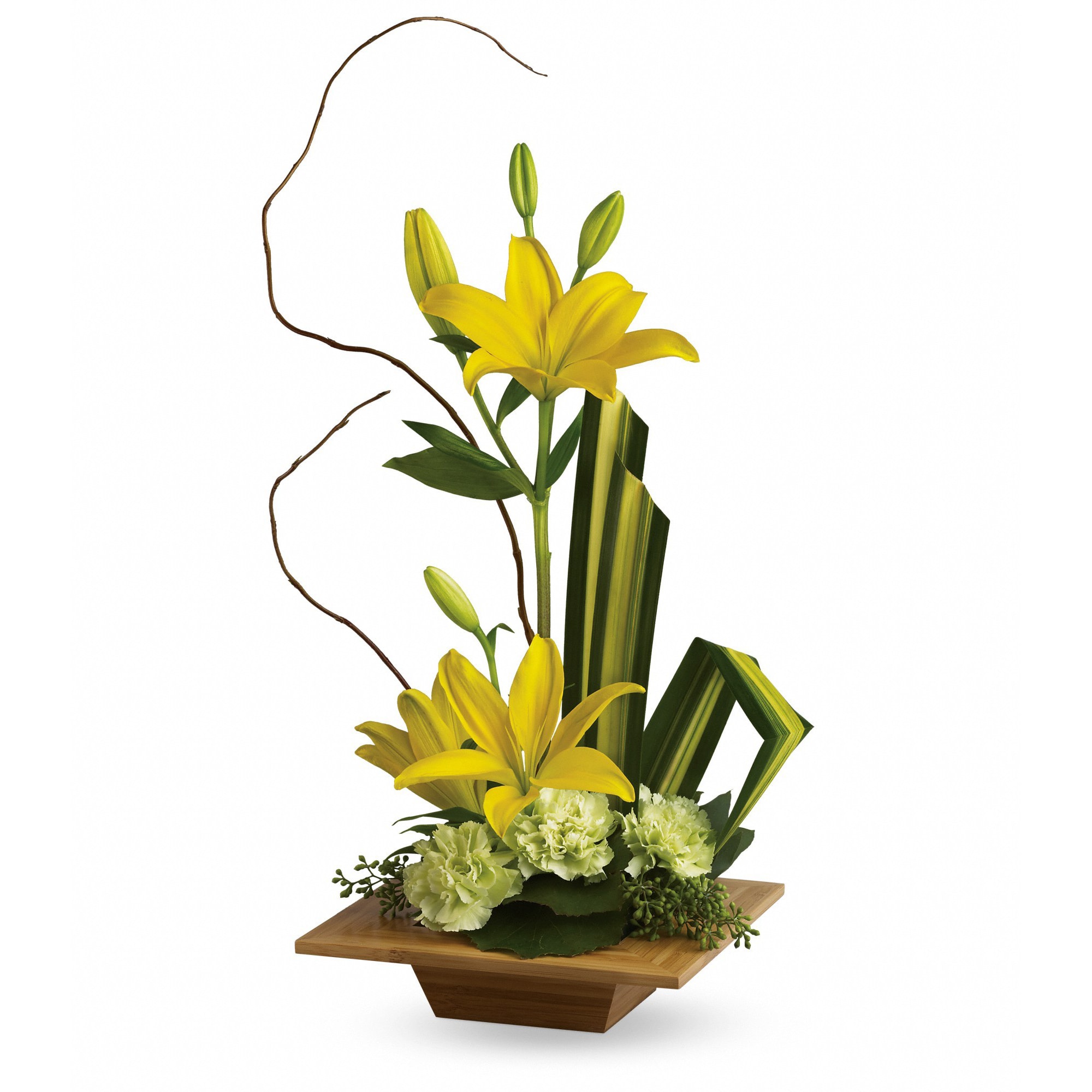 Tall modern arrangement of yellow lilies and pale green carnations with striped foliage in a low wooden container