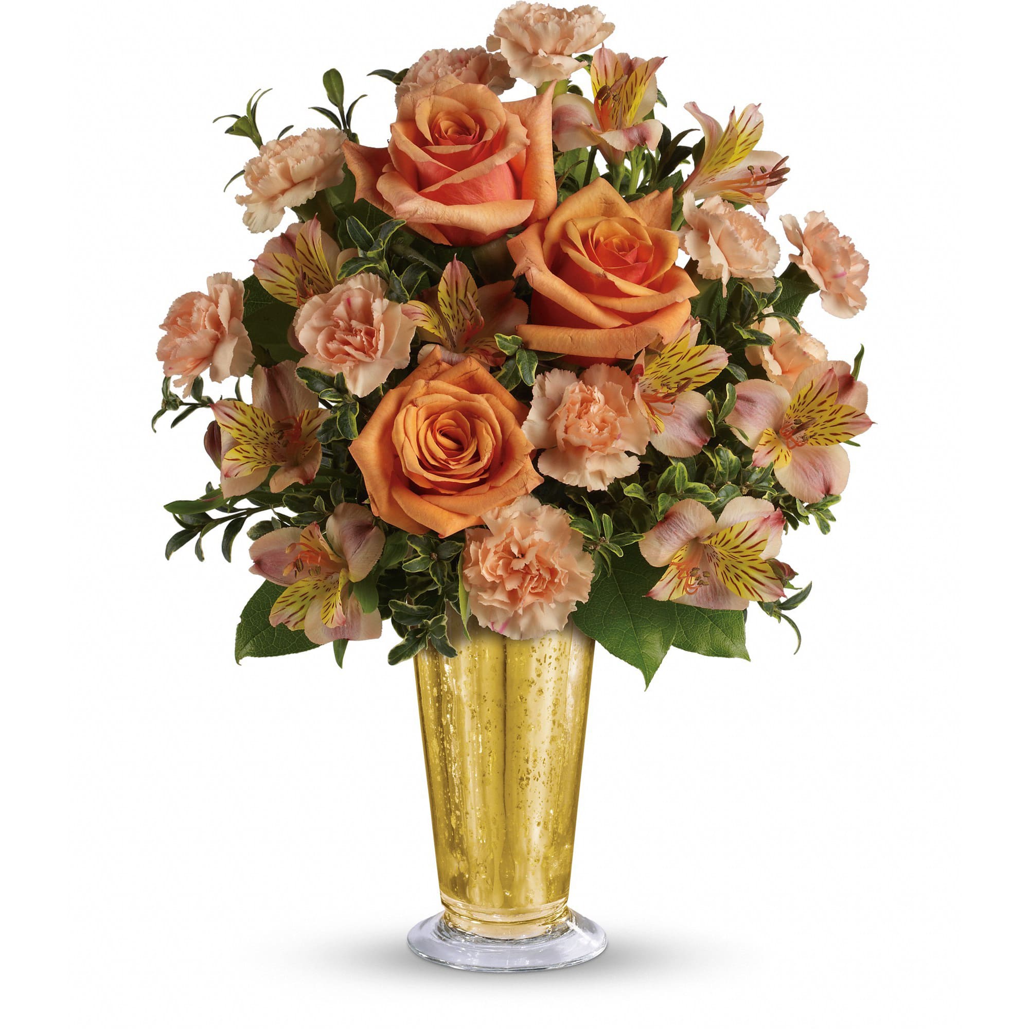 Arrangement of orange roses and peach carnations with alstroemeria in a tall gold glass vase.
