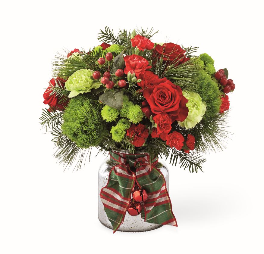 JINGLE BELLS™ BOUQUET  - Help share the joy of the season with this bouquet. Gorgeous flowers sit in a silver mercury glass vase with seasonal ribbon and red jingle bells, making it a gift filled with warm winter greetings that they can reuse in a variety of ways.