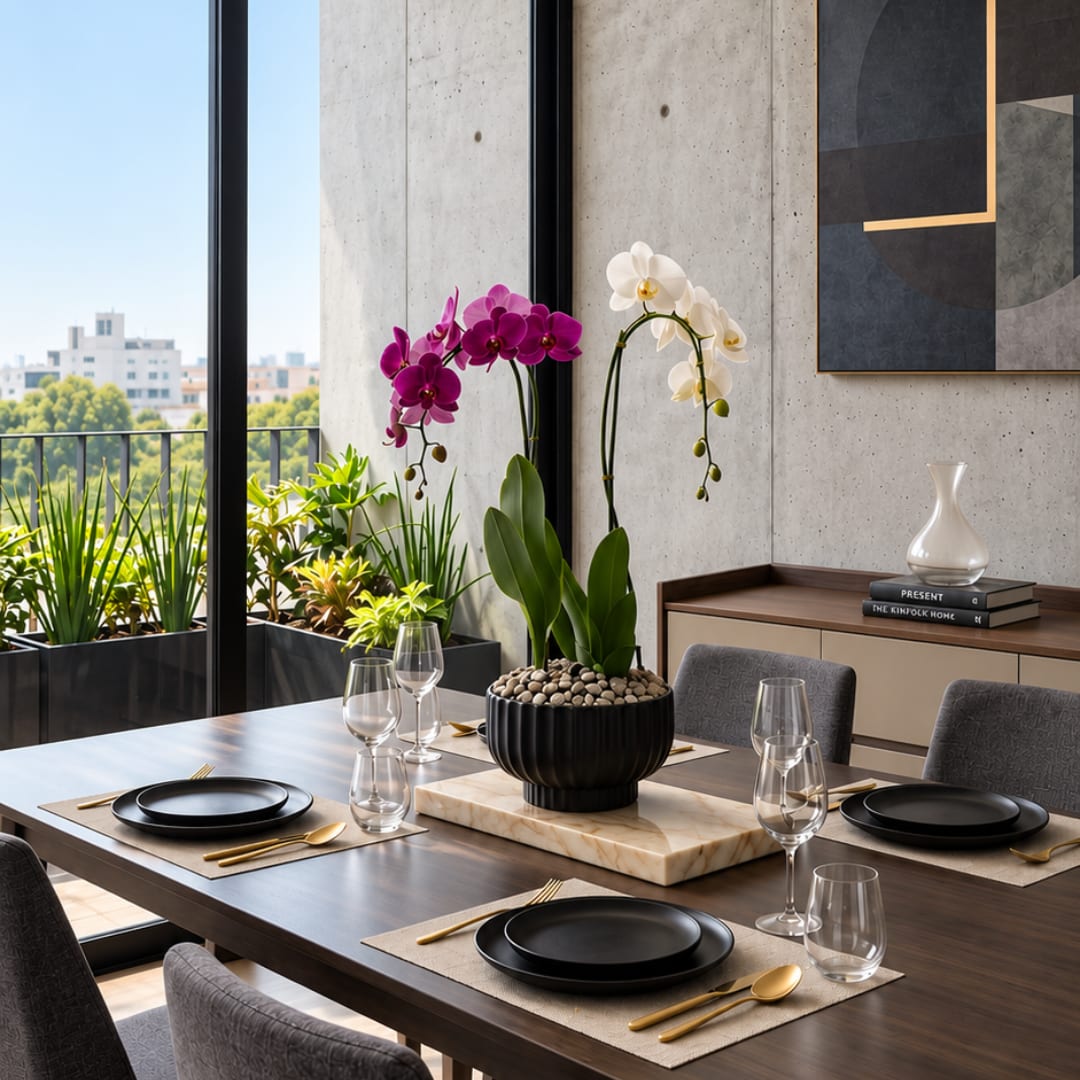 Two orchid plants in a dining room centerpiece on a table