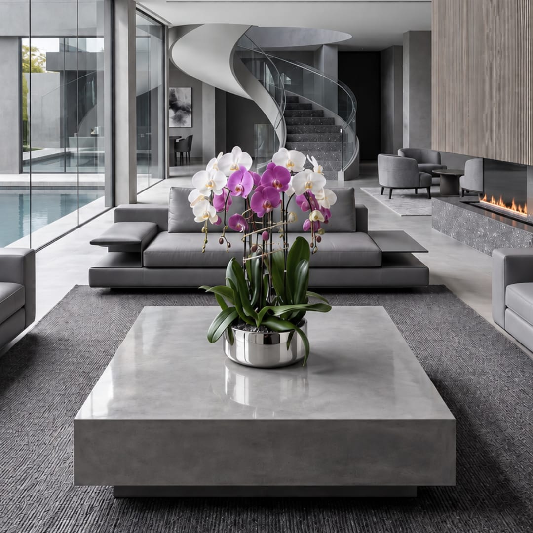 Potted orchids in white and purple on a modern table