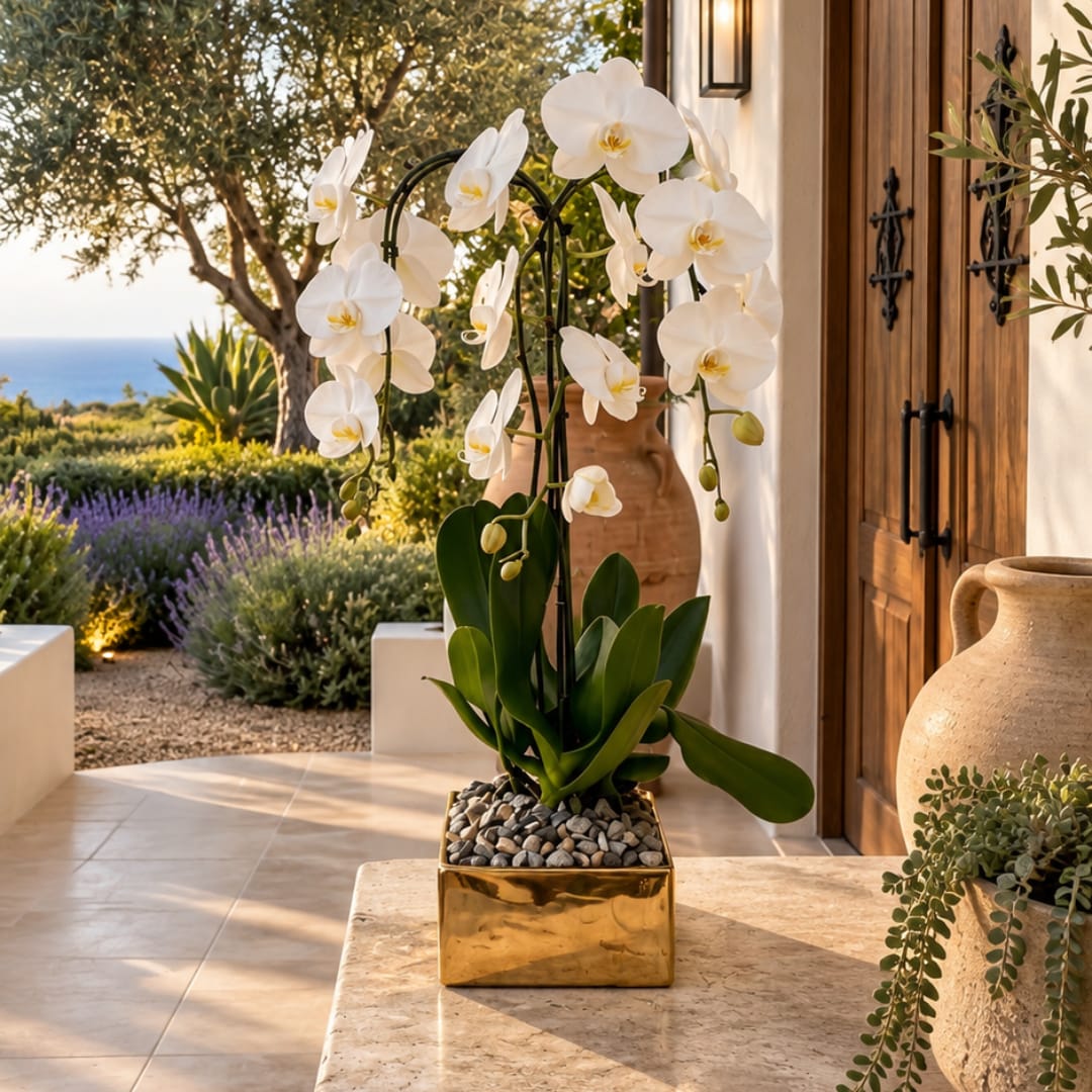 White orchid plant in a gold square pot on a patio