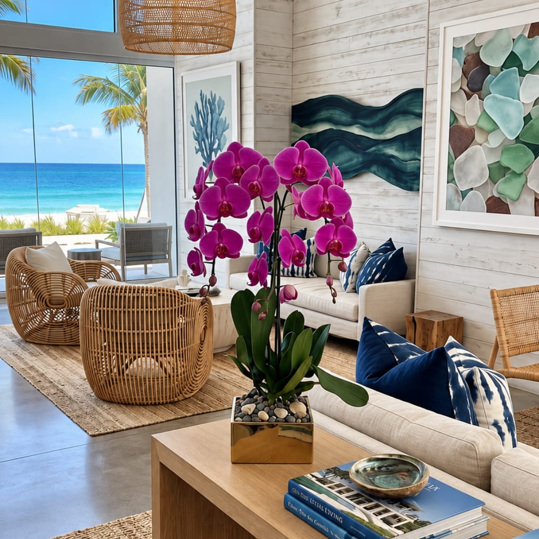 Potted magenta orchid arrangement on a table in a beachy living room