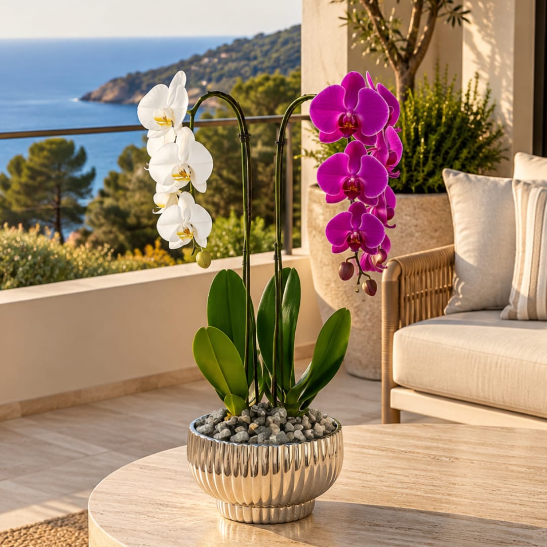 Potted orchid arrangement with white and magenta blooms in a metallic planter