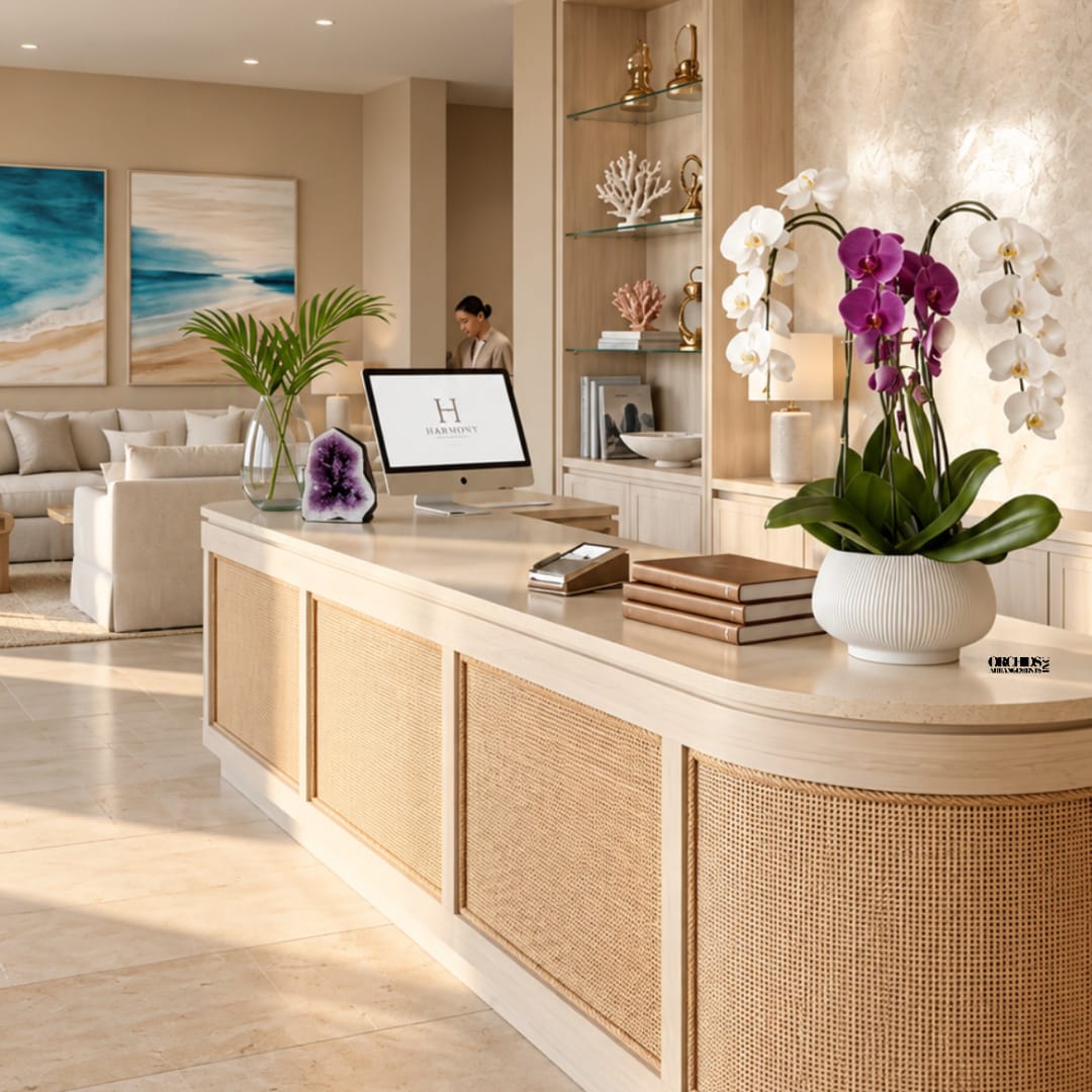 White and purple orchids in a white vase on a reception desk
