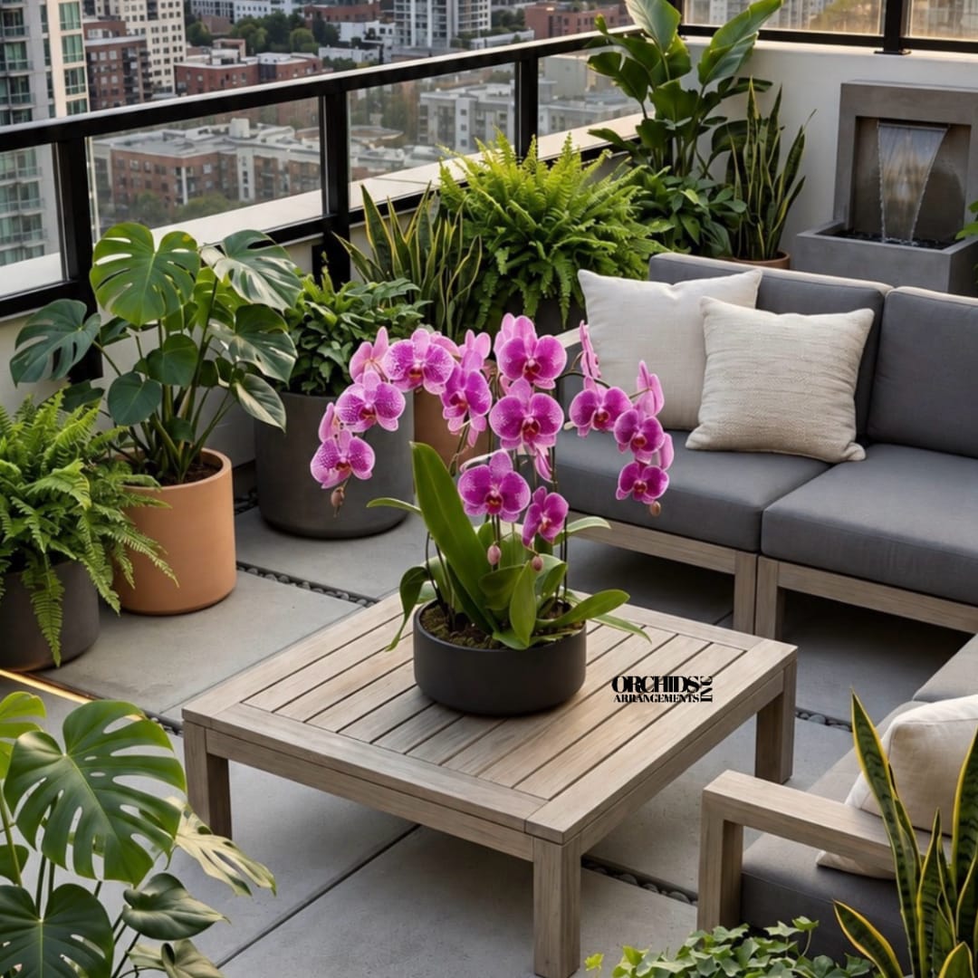 Pink orchid plant in a black pot on a wooden table