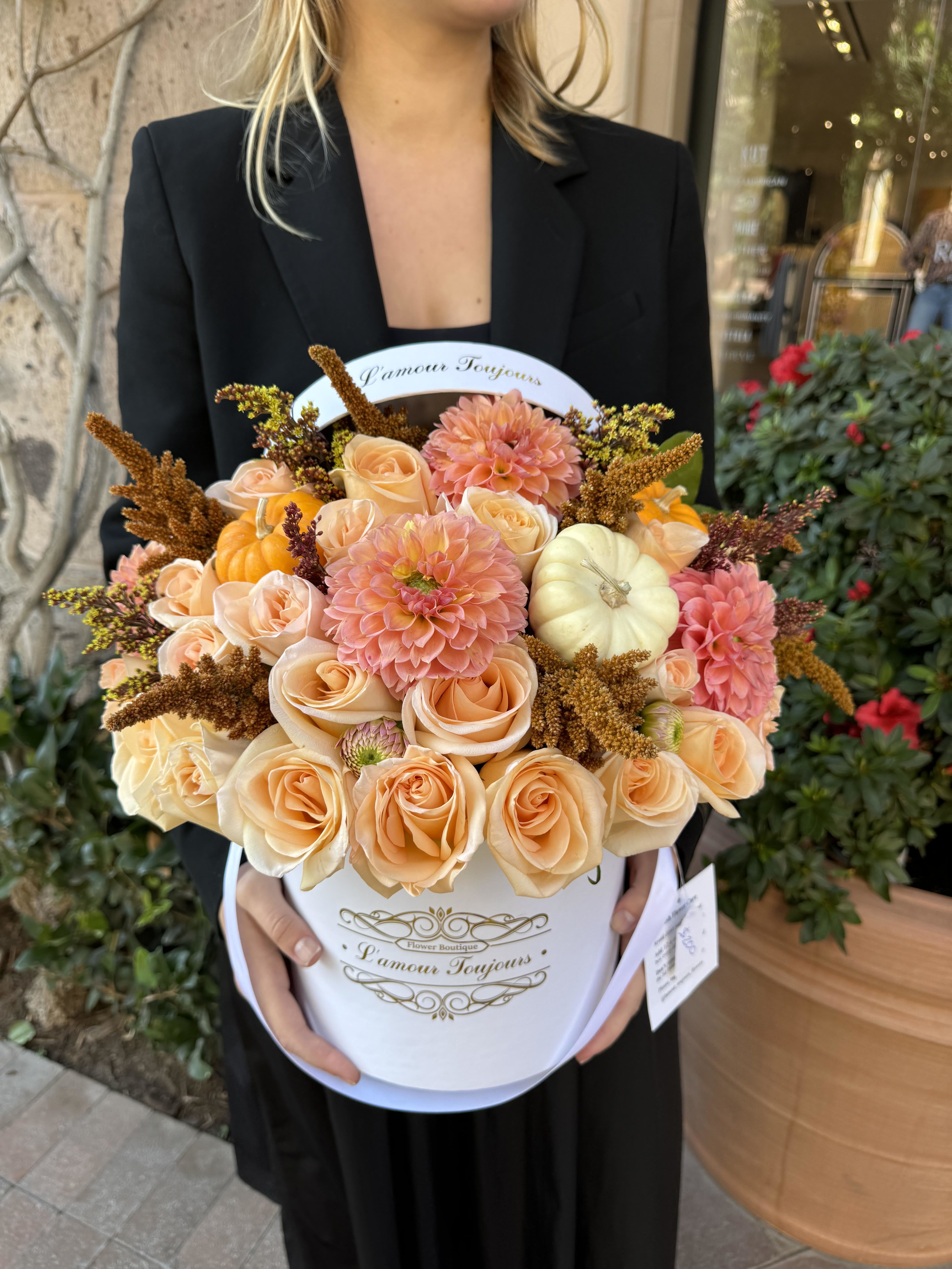 Fall Symphony Signature Box II - Exquisite selection of roses, pumpkins and dahlias in our Signature Box 