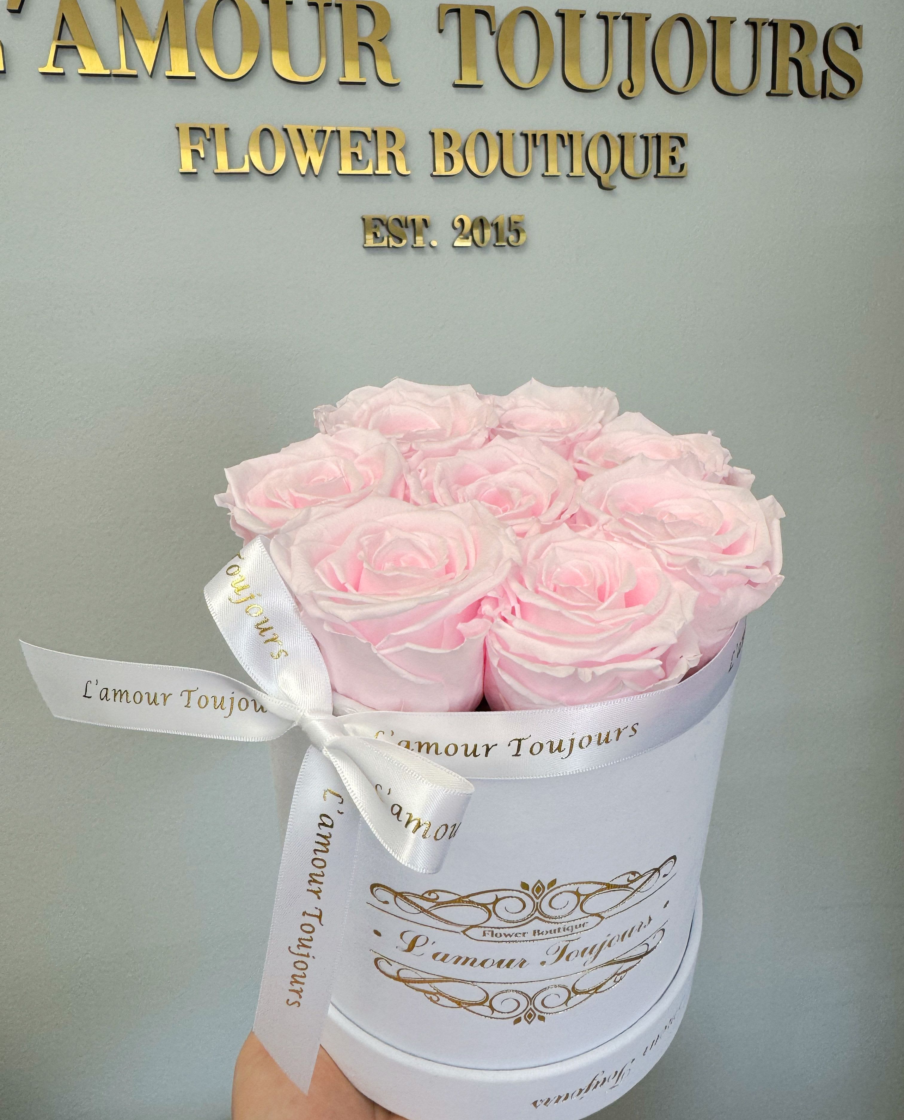 Round white hatbox filled with light pink roses and tied with a white printed ribbon.
