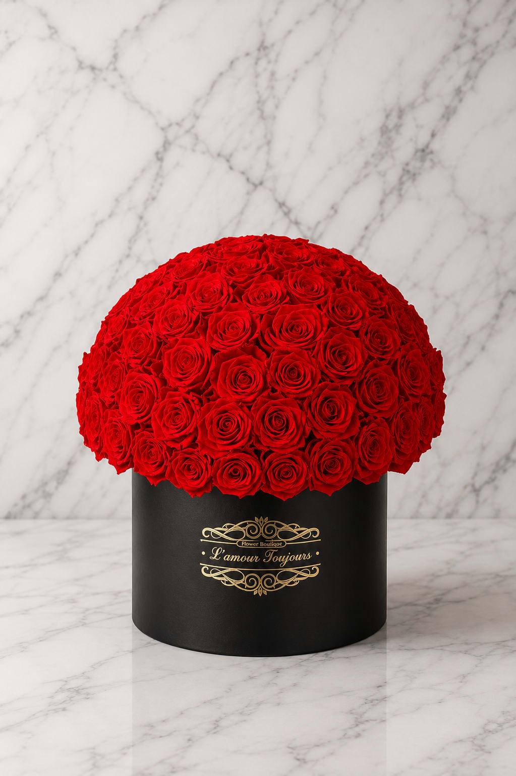 Round arrangement of red roses in a black hat box