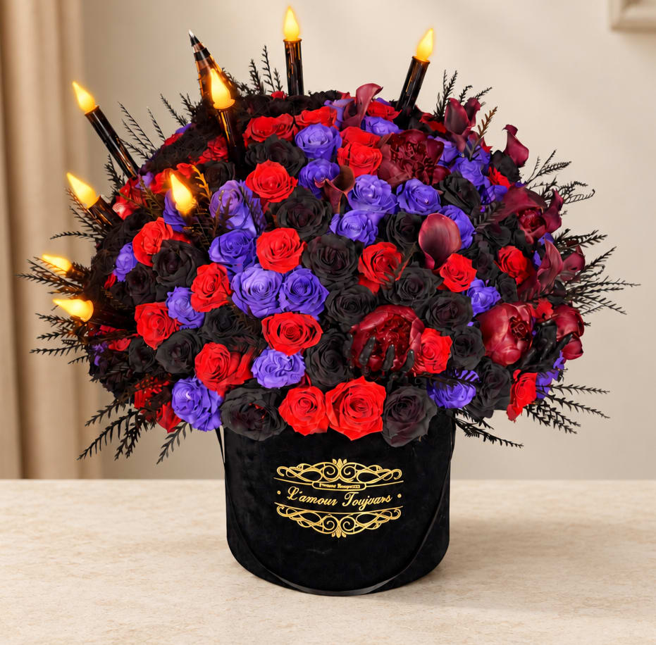 Red, purple, and black roses arranged in a black box with candle picks