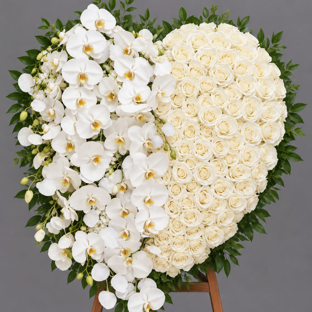 Heart-shaped white rose and orchid floral arrangement on an easel