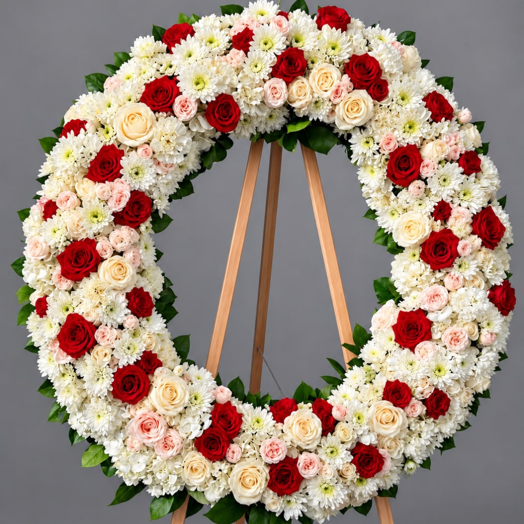 Large floral wreath of red, white, and blush roses with white daisies on an easel